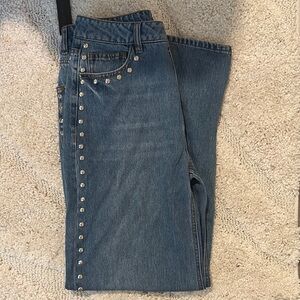 Blue Straight Leg Jeans with Studded Embellishments